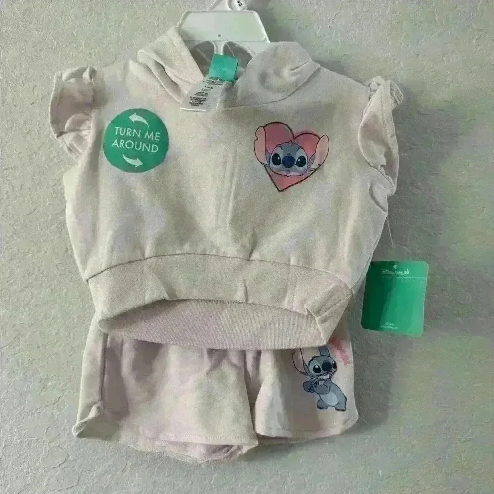 NWT Disney Girls Set Fleece Hooded Ruffle Short Sleeve Shirt and Shorts Sz 3-6MO